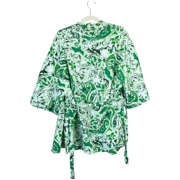 ZARA Linen Blend Green Paisley Print Tie Front Kimono Size Large Beach Resort - Picture 2 of 7